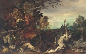 A Wooded Clearing With A Cat Near Copper Pots, A Basket Of Grapes And Fruit, Dead Game, Song Birds And A Heron by Giovanni (Crivellino) Crivelli