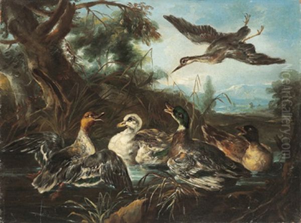 Gallo E Galline In Un Pasesaggio (+ Anitre E Un Airone In Un Paesaggio; Pair) - view 1
