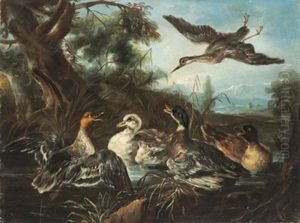 Gallo E Galline In Un Pasesaggio (+ Anitre E Un Airone In Un Paesaggio; Pair) by Giovanni (Crivellino) Crivelli