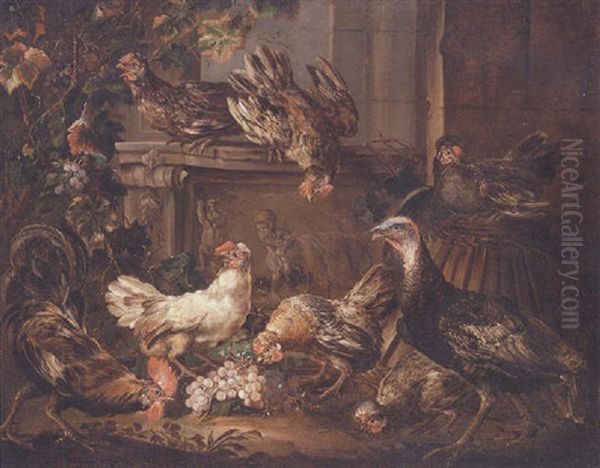 A Turkey, A Cockerel And Hens Eating Grapes By A Bas Relief - view 1