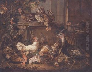 A Turkey, A Cockerel And Hens Eating Grapes By A Bas Relief by Giovanni (Crivellino) Crivelli