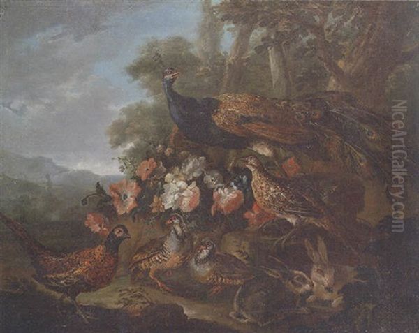 A Peacock, Pheasants And Rabbits In A Wooded Park, A Mountainous Landscape Beyond - view 1