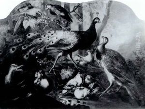 A Peacock And Peahen, Pigeons,and Ducks With Parrots Perchedon A Grapevine Above