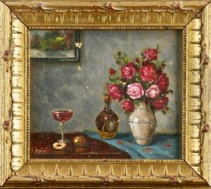 Stillleben Mit Rosen In Vase Und Wein by Menci Clemens Crncic