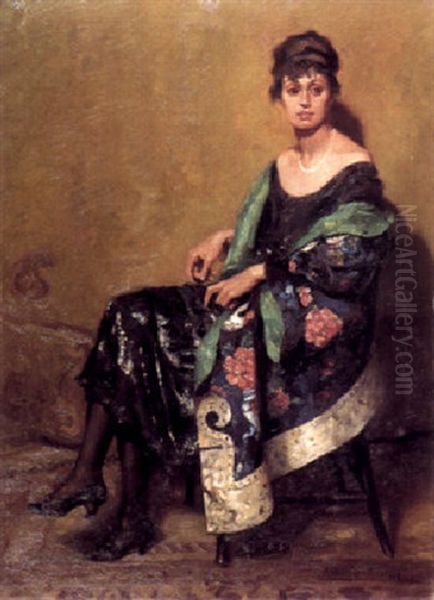 Woman Wearing A Chinese Robe And A Black Sequined Evening Dress - view 1