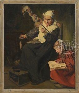 Child Reading Next To Grandmother Spinning Wool