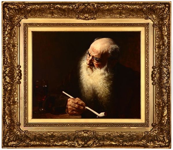 Bearded Man Seated With Pipe And Glass Of Red Wine - view 1