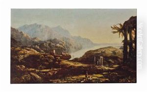 Figures In A Mountainous Landscape With A Town And Ruins In The Distance by John Denison Crocker