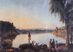 Riverscape With Westerners On Shore Trading With Indians by John Denison Crocker