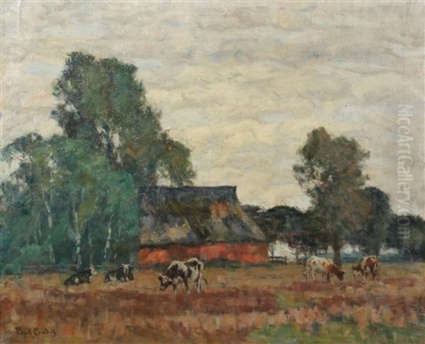 Landschaft Mit Reetgedecktem Haus Und Weidenden Kuhen - view 1