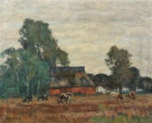 Landschaft Mit Reetgedecktem Haus Und Weidenden Kuhen by Paul Eduard Crodel