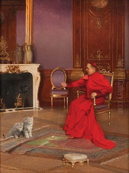 Cardinal In Interior, Playing With Cats - view 1