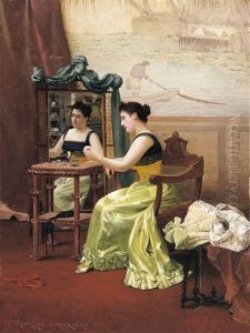 Jeune Femme A Sa Toilette Dans Un Interieur Japonisant by Georges Croegaert