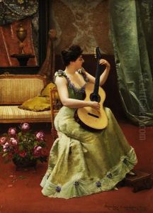 Dame Im Salon Beim Gitarrespiel by Georges Croegaert