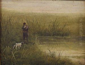 Landscape With A Hunter And His Dog Beside A Pond by Georges Croegaert
