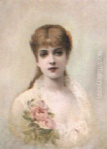 Portrait Of A Lady With Roses by Georges Croegaert