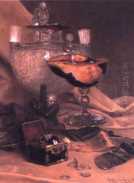 Silver Cup, Vase And Jewelry On A Draped Table - view 1