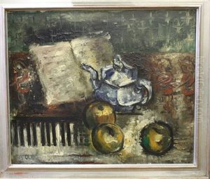 Stilleven Met Klavier, Blauw Potje En Appels by Jos Croin