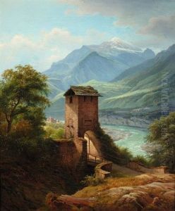 Flusslandschaft Mit Bruckenturm Im Gebirge