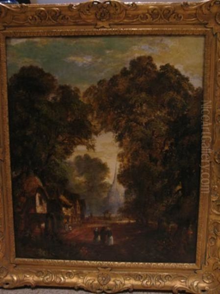 Three Figures Walking Down Town Road Under Canopy Of Old Oaks by John Crome the Elder