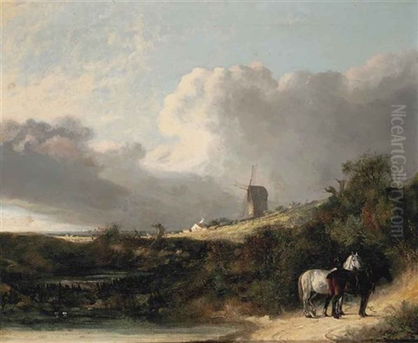 A View Near Woodbridge, With Two Horses By A Pond, A Windmill Beyond - view 1