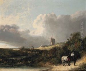 A View Near Woodbridge, With Two Horses By A Pond, A Windmill Beyond by John Crome the Elder