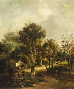 A Wooded Landscape With Cottagers On A Path In The Foreground by John Crome the Elder