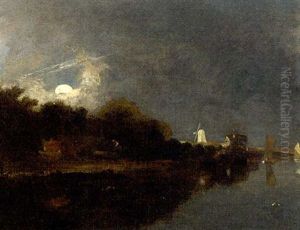 A Moonlit River Landscape, With Cottages, Sailing Boats And A Windmill Beyond by John Crome the Elder