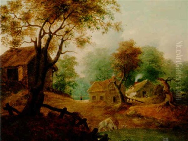 A Wooded Landscape With Horses In The Foreground And Cottages Beyond - view 1