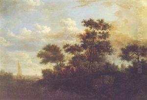 Figures By A Bridge In A Wooded Landscape, A Church Beyond