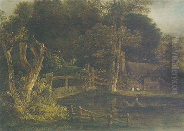 River Landscape With A Figure In A Boat By A Cottage - view 1
