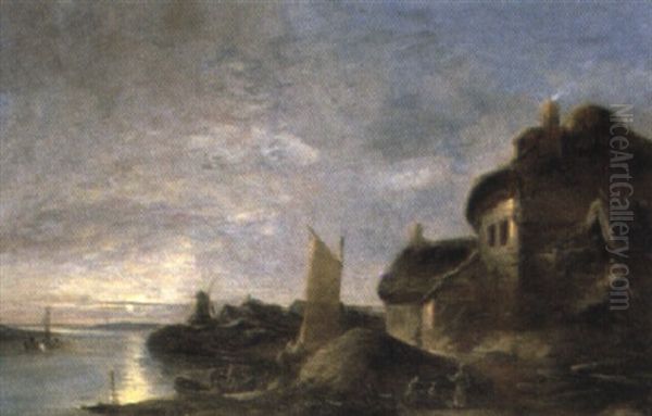 Fisherman Unloading Their Catch In A Moonlit Estuary - view 1