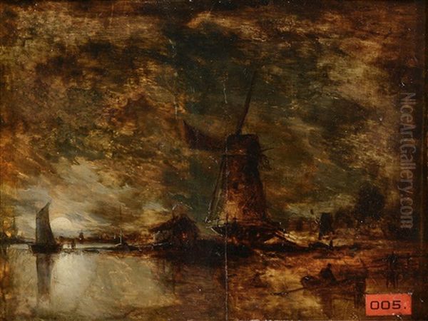 View Of A Canal, Holland, Illuminated By Moonlight - view 1