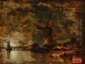 View Of A Canal, Holland, Illuminated By Moonlight by John Berney Crome
