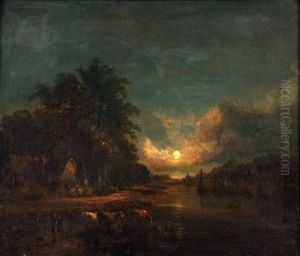Moonlit River Landscape With Cattle Watering, Figures And Cottage by John Berney Crome