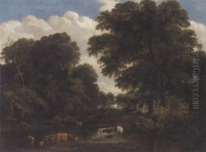 Cattle Watering In A Wooded Landscape by John Berney Crome