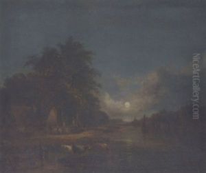 Moonlight River Scene With Cattle Watering by John Berney Crome