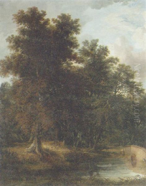 A Wooded River Landscape With A Footbridge - view 1