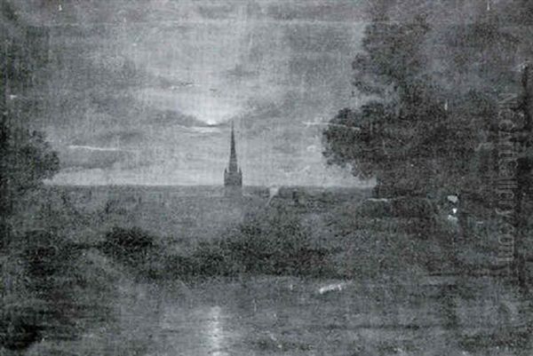 Norwich Cathedral By Night With Fishermen In A Boat On The River In The Foreground - view 1