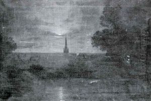 Norwich Cathedral By Night With Fishermen In A Boat On The River In The Foreground