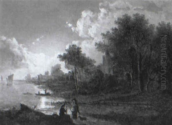Figures In A Moonlit Village By A Lake - view 1
