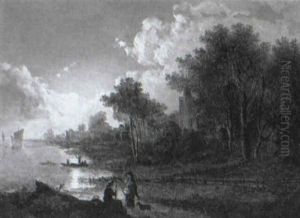 Figures In A Moonlit Village By A Lake by John Berney Crome