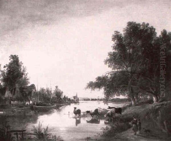 Cattle Watering In A Moonlit Landscape - view 1