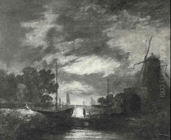 Moonlit River Scene With Figures, Boats And Windmill - view 1