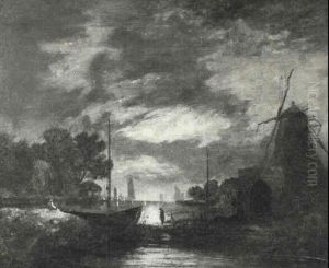 Moonlit River Scene With Figures, Boats And Windmill Moonlit River Scene With Figures, Boats And Windmill