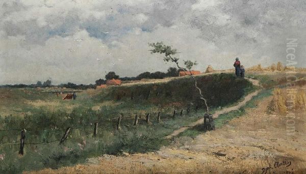 Glooiend Landschap Met Figuren Bij Hooimijten - view 1