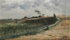 Glooiend Landschap Met Figuren Bij Hooimijten