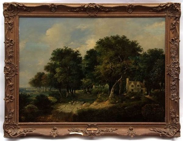 Cottages Under Trees With Shepherd Driving Sheep - view 1