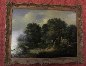 Cottages Under Trees With Shepherd Driving Sheep Past A Seated Figure In Foreground by William Henry Crome