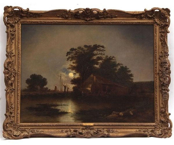 Moonlit River Landscape With Figure By A Cottage, Windmill To Distance - view 1
